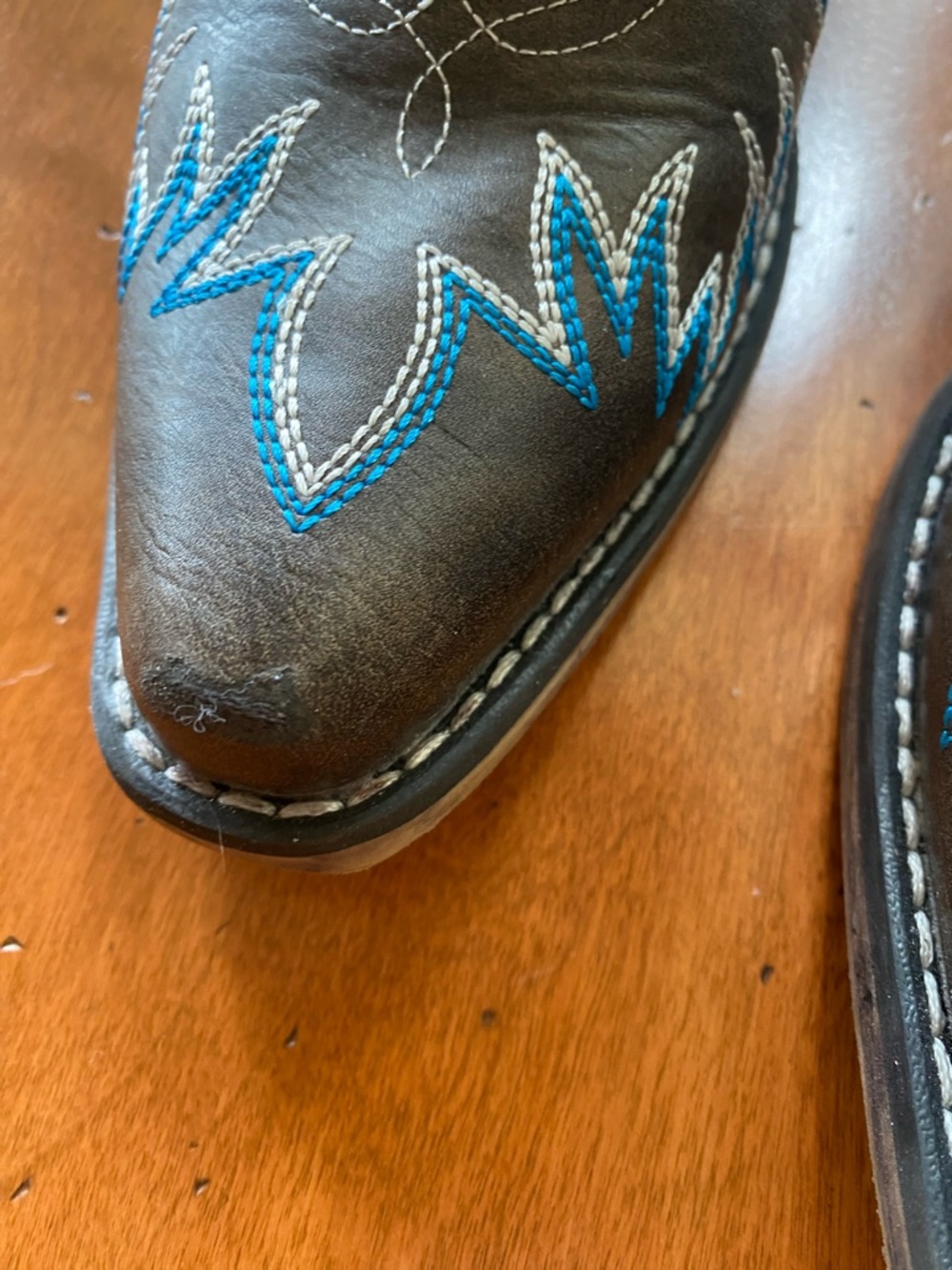 Roper Brown Leather Western Slip-On Boots with Blue Embroidery - Picture 3 of 9